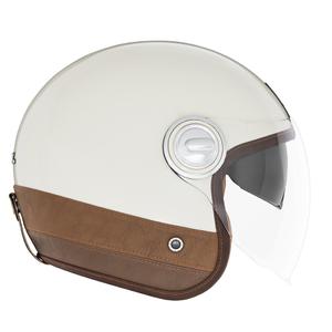 Otwarty kask motocyklowy NOX PREMIUM Heritage w kolorze białym z brązową skórą