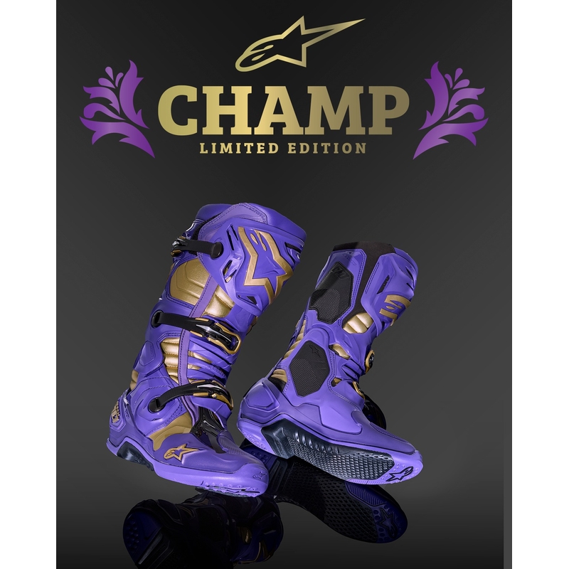 Buty motocyklowe Alpinestars Tech 10 Limited Edition Champ w kolorze fioletowo-złotym