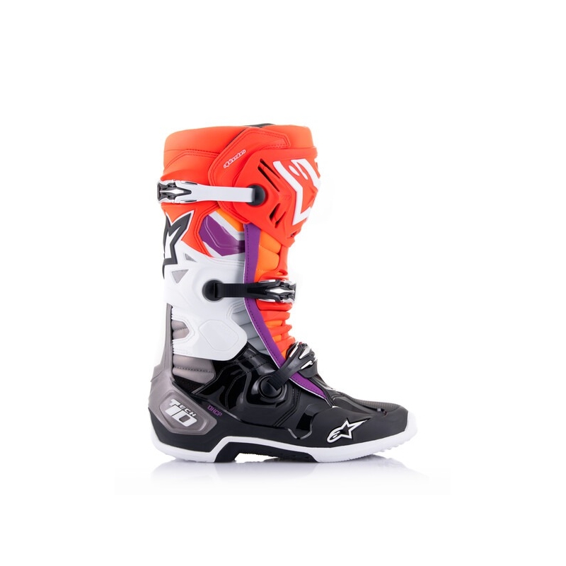 Buty motocyklowe Alpinestars Tech 10 w kolorze pomarańczowo-żółto-fioletowym, biało-czarnym
