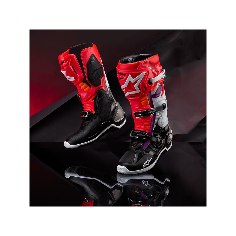 Buty motocyklowe Alpinestars Tech 10 w kolorze pomarańczowo-żółto-fioletowym, biało-czarnym