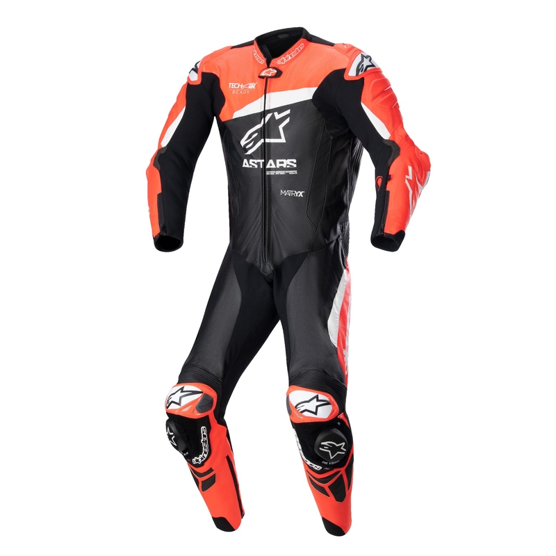 Jednoczęściowy kombinezon skórzany Alpinestars GP Plus 4 kompatybilny z TECH-AIR w kolorze czarno-fluo czerwono-białym wyprzedaż