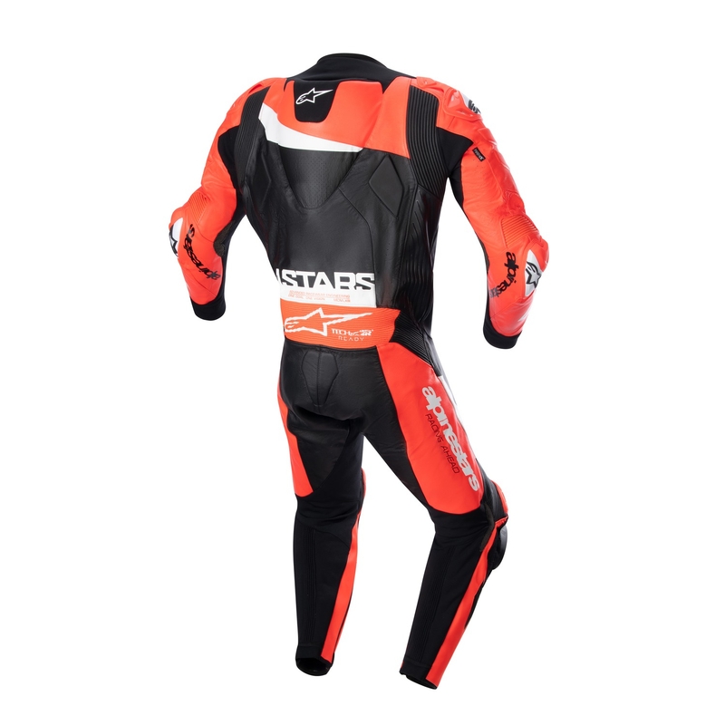 Jednoczęściowy kombinezon skórzany Alpinestars GP Plus 4 kompatybilny z TECH-AIR w kolorze czarno-fluo czerwono-białym wyprzedaż