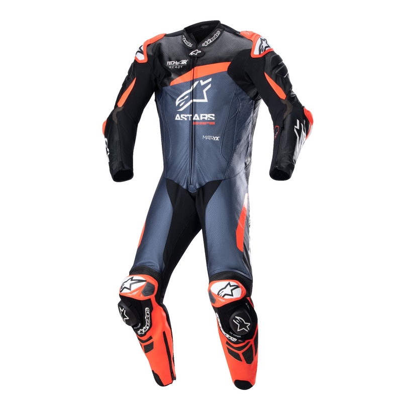 Kombinezon jednoczęściowy skórzany Alpinestars GP Plus 4 kompatybilny z TECH-AIR w kolorze czarno-fluo czerwono-granatowym