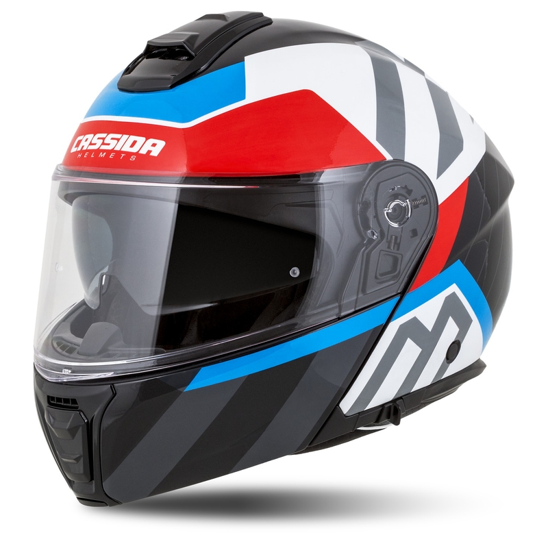 Kask motocyklowy składany Cassida Modulo 2.1 o profilu biało-czarno-niebiesko-szarym