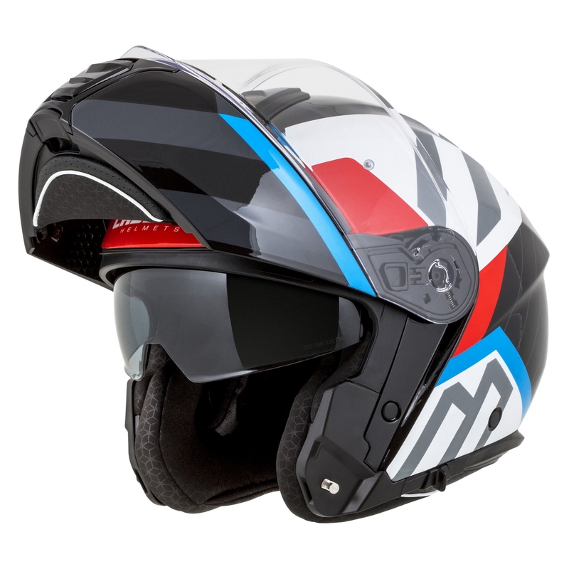 Kask motocyklowy składany Cassida Modulo 2.1 o profilu biało-czarno-niebiesko-szarym
