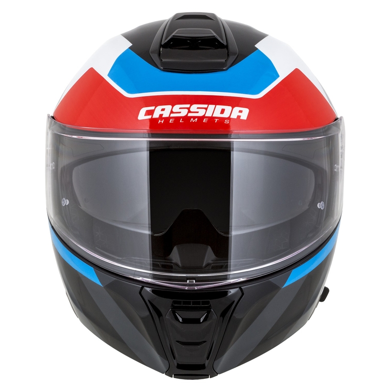 Kask motocyklowy składany Cassida Modulo 2.1 o profilu biało-czarno-niebiesko-szarym