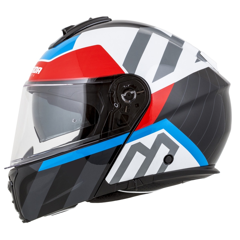 Kask motocyklowy składany Cassida Modulo 2.1 o profilu biało-czarno-niebiesko-szarym