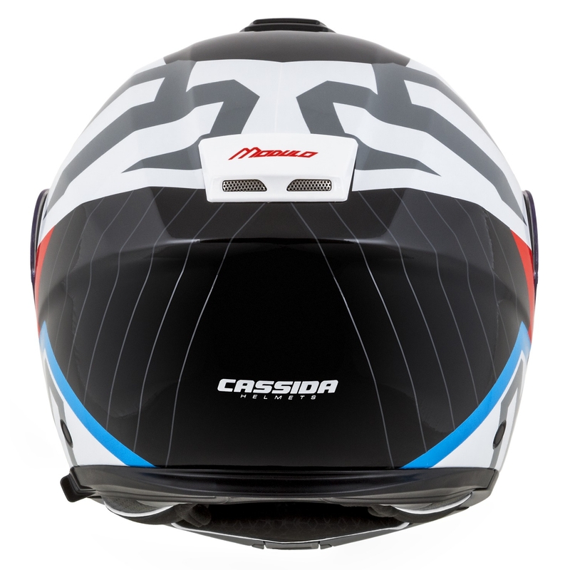 Kask motocyklowy składany Cassida Modulo 2.1 o profilu biało-czarno-niebiesko-szarym