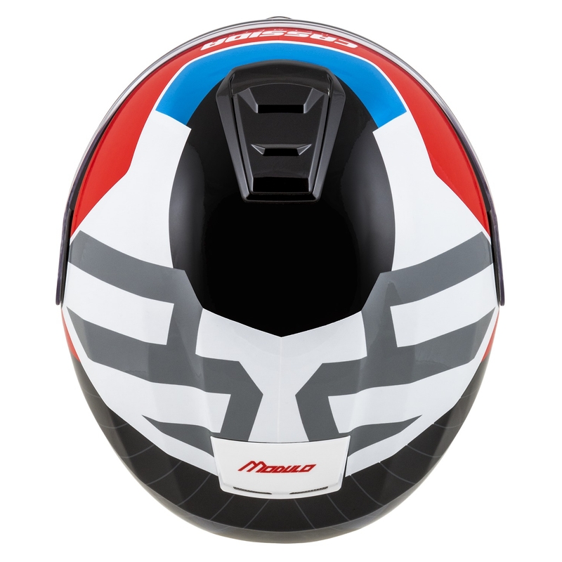Kask motocyklowy składany Cassida Modulo 2.1 o profilu biało-czarno-niebiesko-szarym
