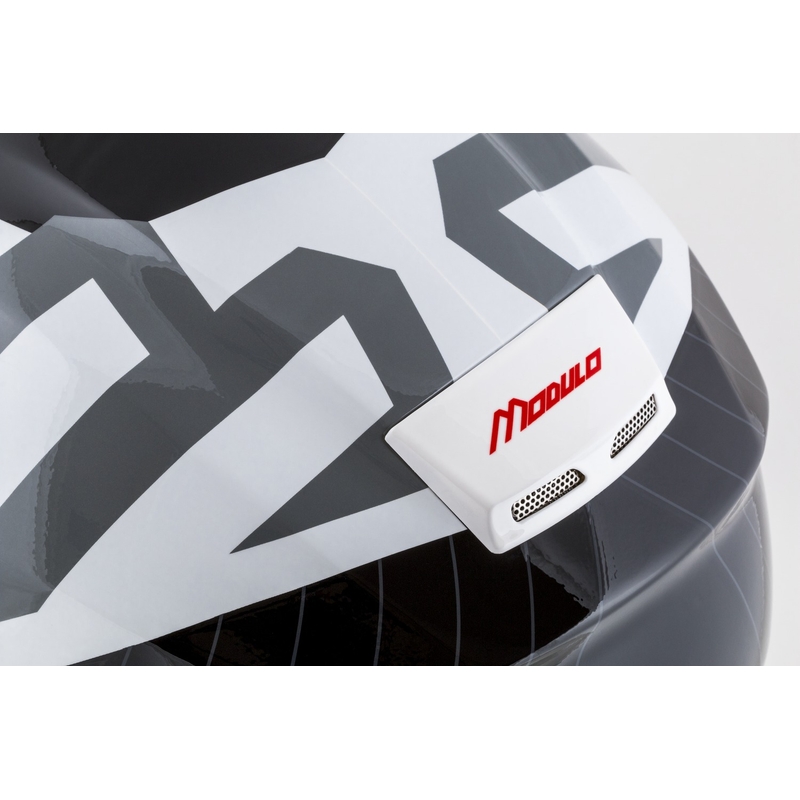 Kask motocyklowy składany Cassida Modulo 2.1 o profilu biało-czarno-niebiesko-szarym