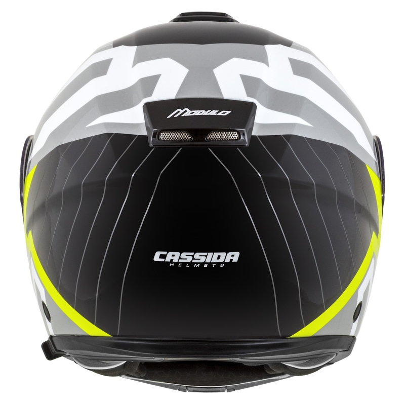 Kask motocyklowy składany Cassida Modulo 2.1 o profilu biało-czarno-fluo żółto-szary