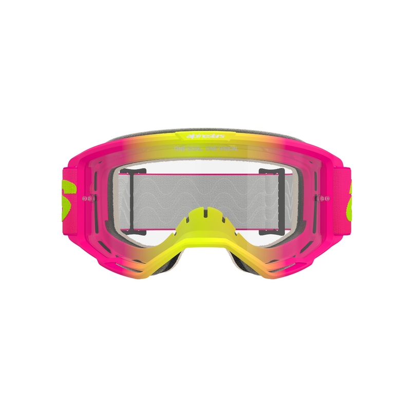 Gogle motocrossowe Alpinestars Vision 5 Wordmark w kolorze różowo-fluo żółtym z przezroczystą plexi