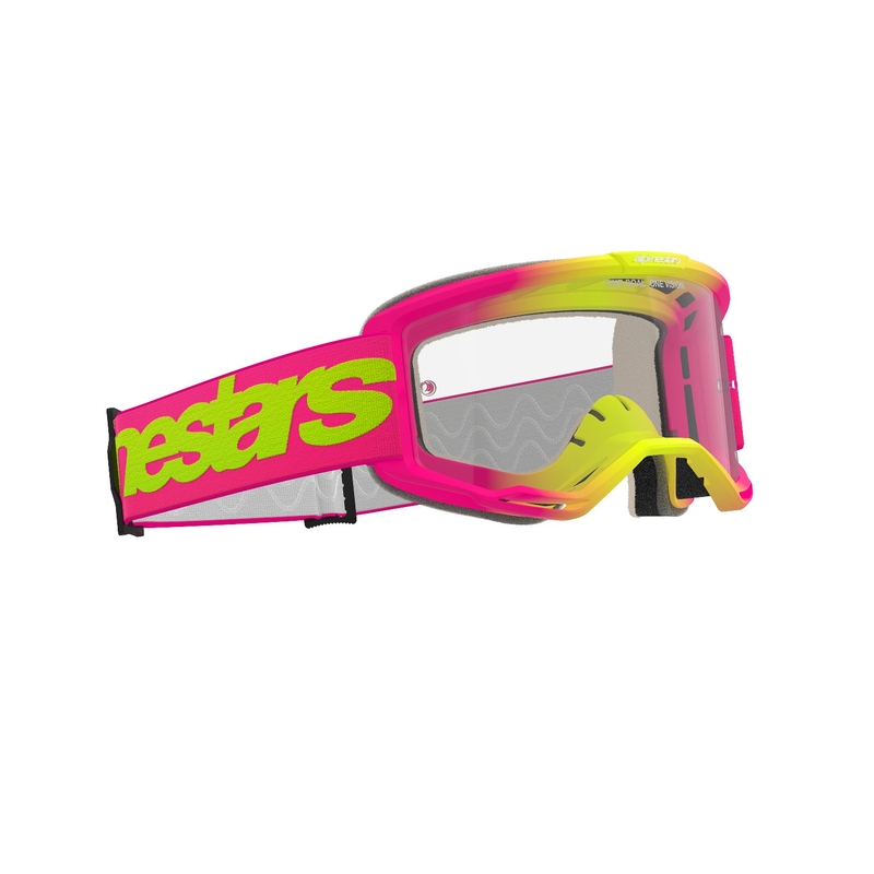 Gogle motocrossowe Alpinestars Vision 5 Wordmark w kolorze różowo-fluo żółtym z przezroczystą plexi