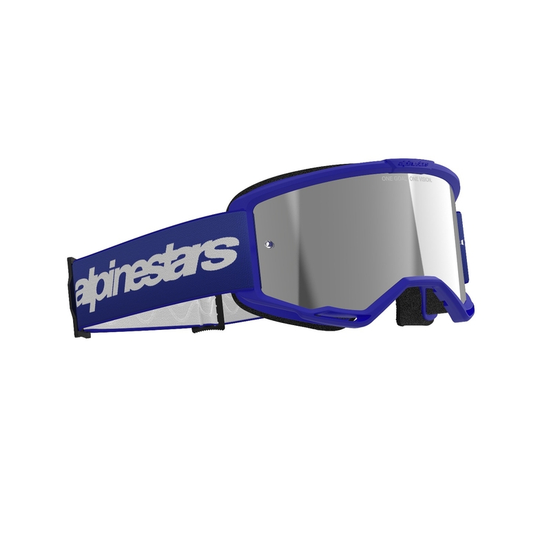 Niebieskie gogle motocrossowe Alpinestars Vision 3 Wordmark z lustrzanymi srebrnymi soczewkami