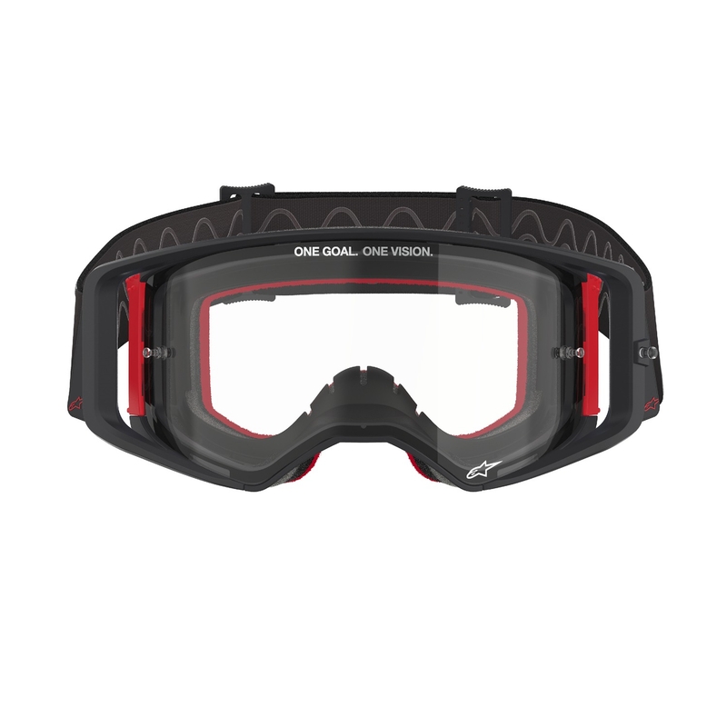 Gogle motocrossowe Alpinestars Supertech Corp w kolorze czarno-czerwonym z przezroczystymi soczewkami