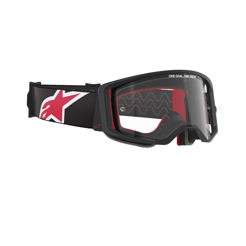 Gogle motocrossowe Alpinestars Supertech Corp w kolorze czarno-czerwonym z przezroczystymi soczewkami
