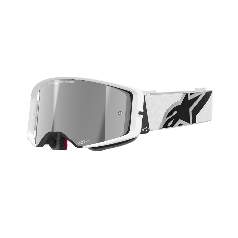 Białe gogle motocrossowe Alpinestars Supertech Corp z lustrzanymi srebrnymi soczewkami