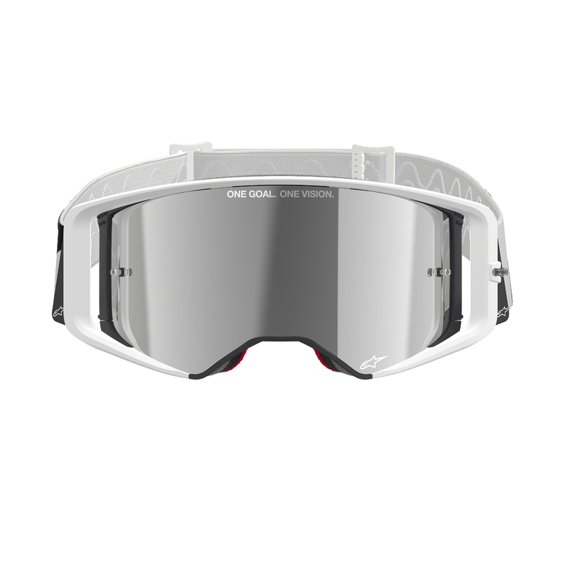 Białe gogle motocrossowe Alpinestars Supertech Corp z lustrzanymi srebrnymi soczewkami