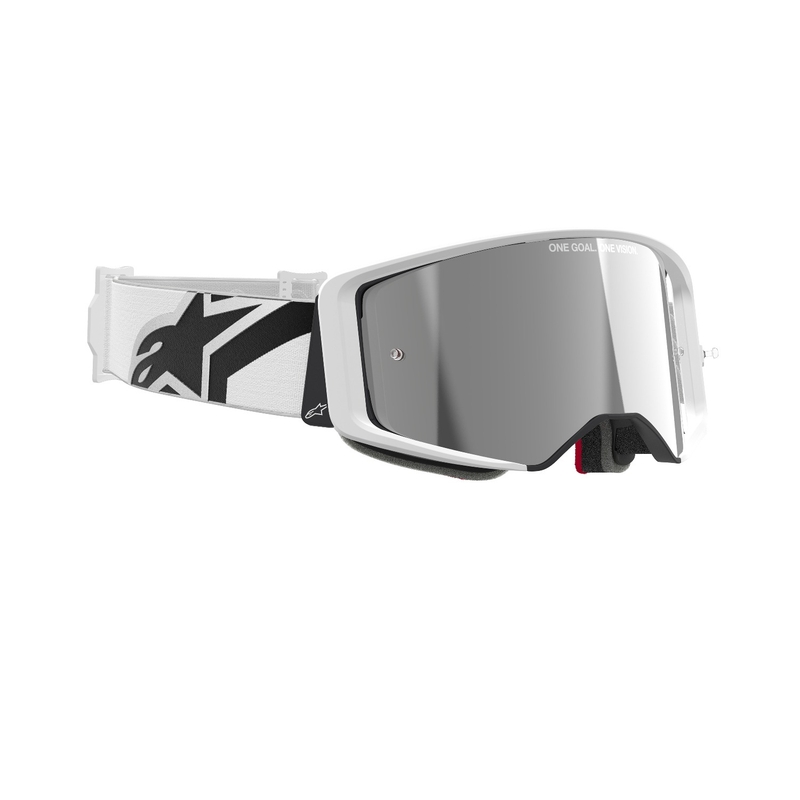 Białe gogle motocrossowe Alpinestars Supertech Corp z lustrzanymi srebrnymi soczewkami