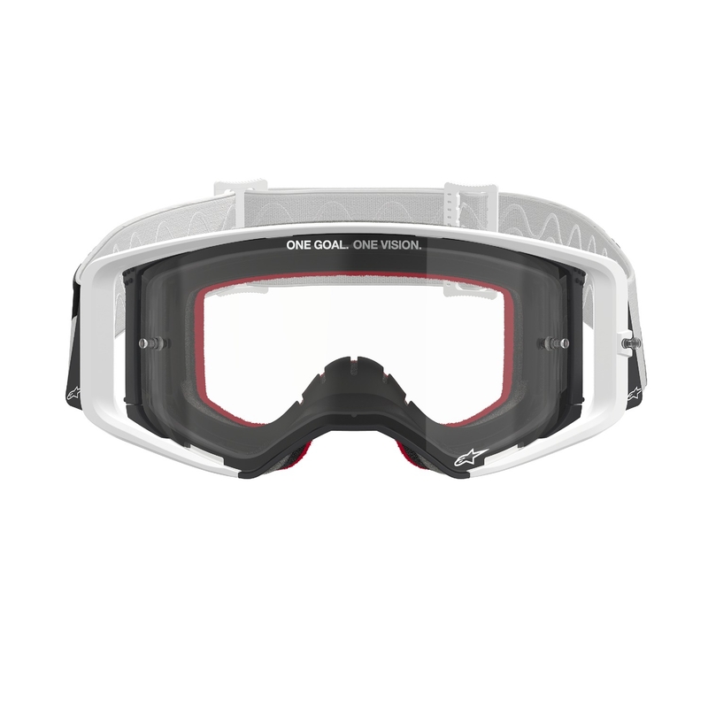 Białe gogle motocrossowe Alpinestars Supertech Corp z przezroczystymi soczewkami