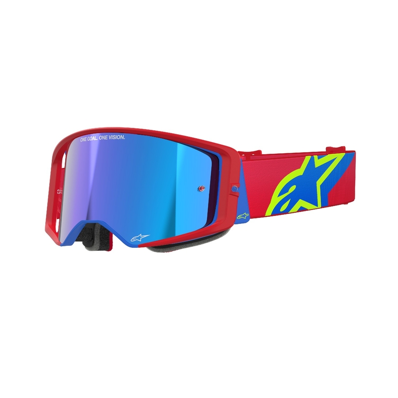 Czerwono-niebieskie gogle motocrossowe Alpinestars Supertech Corp z lustrzanymi srebrnymi soczewkami