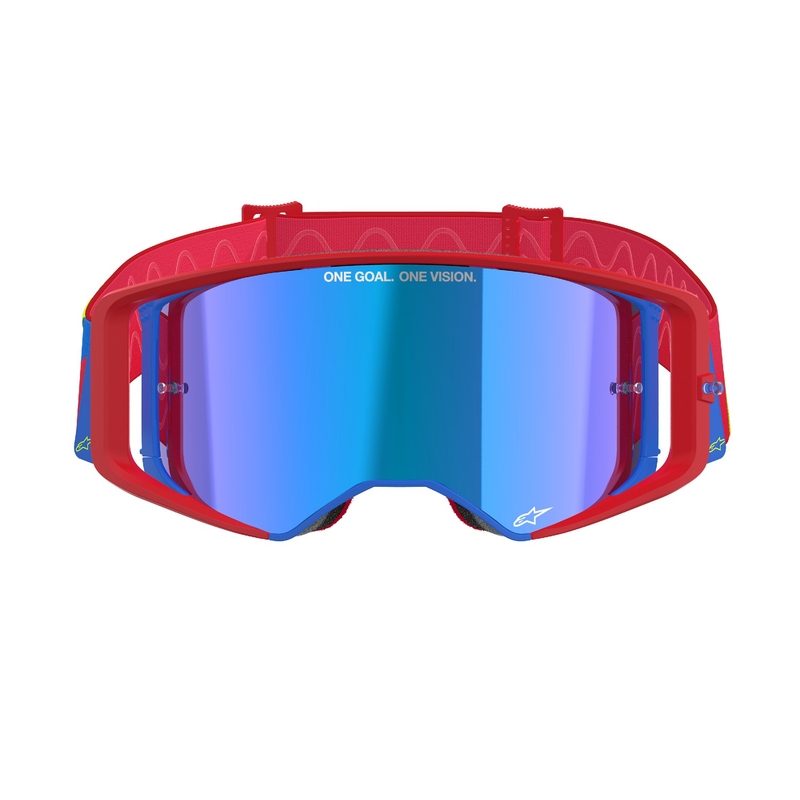 Czerwono-niebieskie gogle motocrossowe Alpinestars Supertech Corp z lustrzanymi srebrnymi soczewkami
