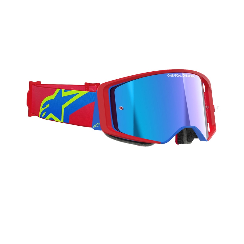 Czerwono-niebieskie gogle motocrossowe Alpinestars Supertech Corp z lustrzanymi srebrnymi soczewkami