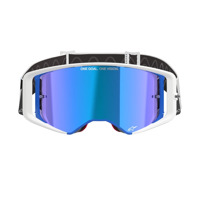 Gogle motocrossowe Alpinestars Supertech Corp niebiesko-pomarańczowe z lustrzanymi niebieskimi soczewkami