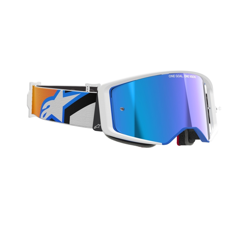 Gogle motocrossowe Alpinestars Supertech Corp niebiesko-pomarańczowe z lustrzanymi niebieskimi soczewkami