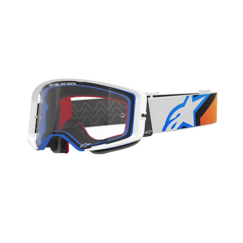 Niebiesko-pomarańczowe gogle motocrossowe Alpinestars Supertech Corp z przezroczystymi soczewkami