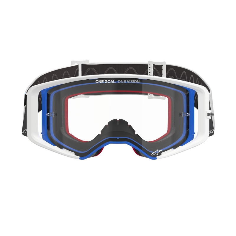 Niebiesko-pomarańczowe gogle motocrossowe Alpinestars Supertech Corp z przezroczystymi soczewkami