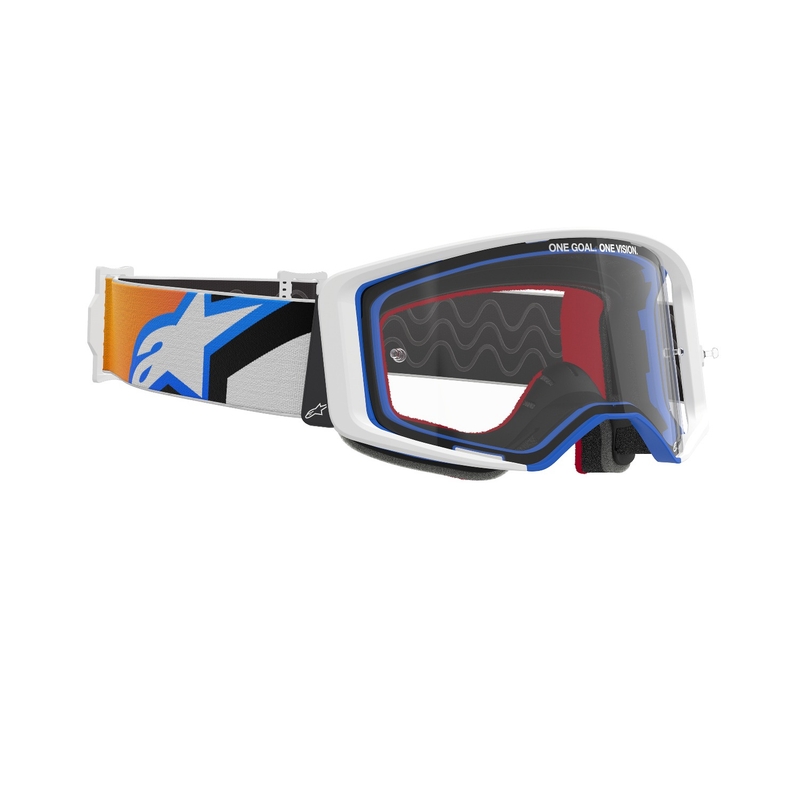 Niebiesko-pomarańczowe gogle motocrossowe Alpinestars Supertech Corp z przezroczystymi soczewkami