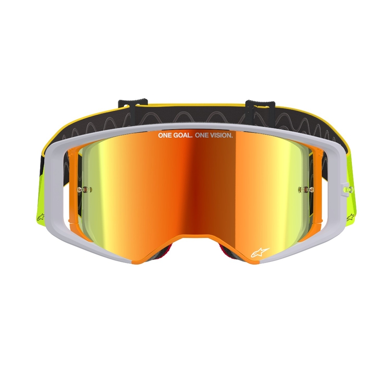 Gogle motocrossowe Alpinestars Supertech Corp w kolorze żółto-szarym z lustrzanymi czerwonymi soczewkami