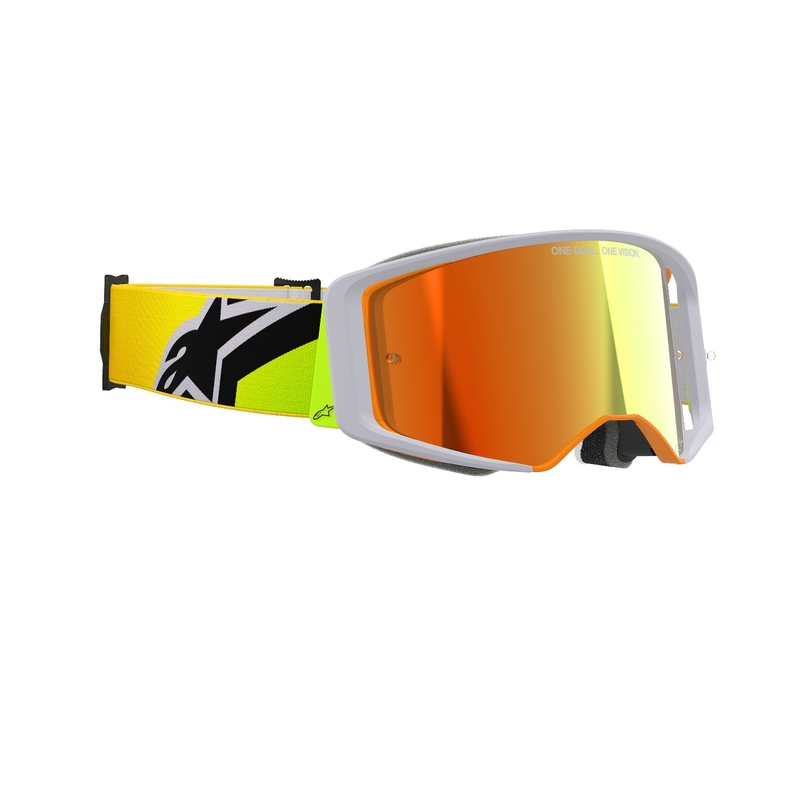 Gogle motocrossowe Alpinestars Supertech Corp w kolorze żółto-szarym z lustrzanymi czerwonymi soczewkami