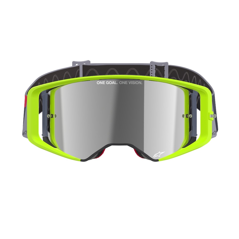 Gogle motocrossowe Alpinestars Supertech Corp w kolorze żółto-czerwonym z lustrzanymi srebrnymi soczewkami