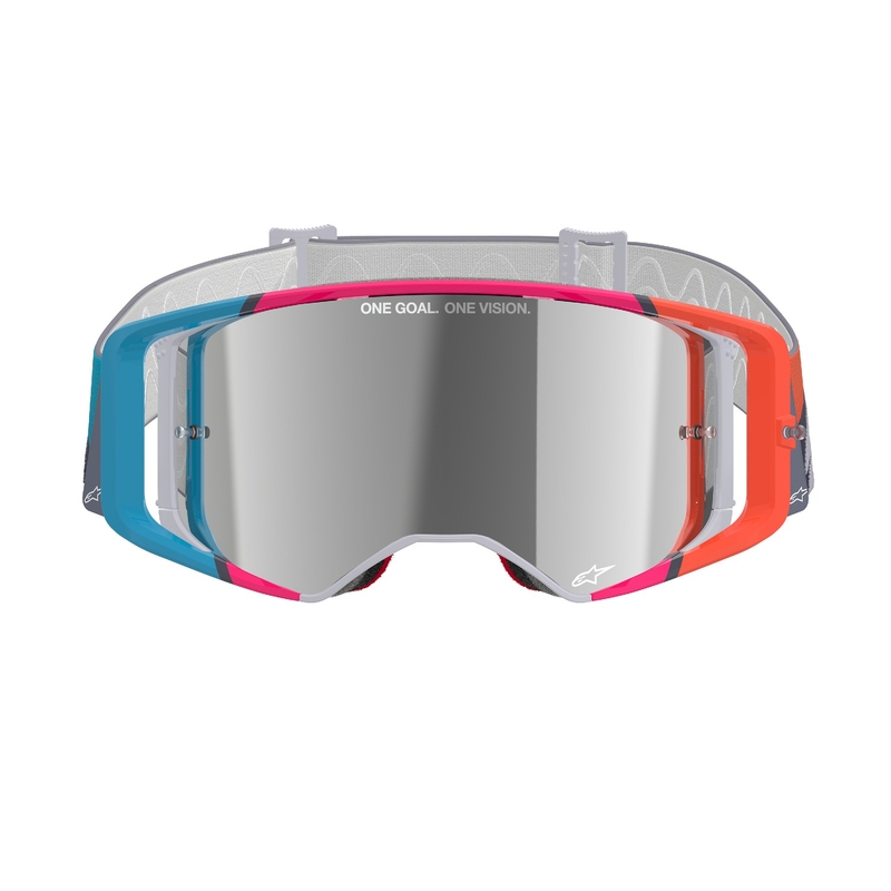 Gogle motocrossowe Alpinestars Supertech Stream szaro-wielokolorowe z lustrzanymi srebrnymi soczewkami
