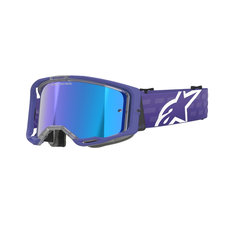 Gogle motocrossowe Alpinestars Vision 8 Corp w kolorze fioletowym z lustrzanymi niebieskimi soczewkami