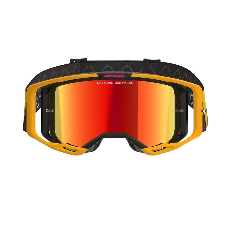 Gogle motocrossowe Alpinestars Vision 8 Corp w kolorze żółto-różowym z lustrzanymi czerwonymi soczewkami