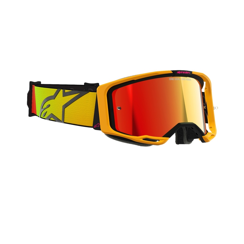 Gogle motocrossowe Alpinestars Vision 8 Corp w kolorze żółto-różowym z lustrzanymi czerwonymi soczewkami