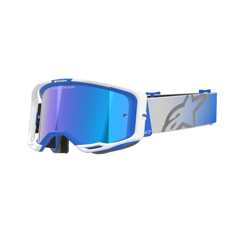 Gogle motocrossowe Alpinestars Vision 8 Corp w kolorze niebiesko-białym z lustrzanymi niebieskimi soczewkami