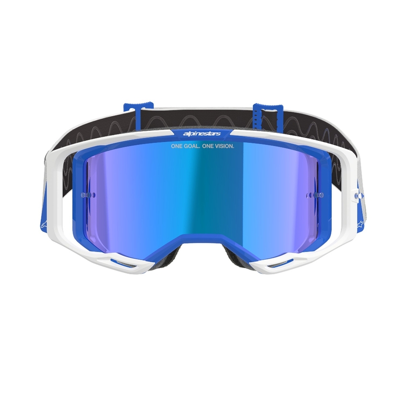Gogle motocrossowe Alpinestars Vision 8 Corp w kolorze niebiesko-białym z lustrzanymi niebieskimi soczewkami