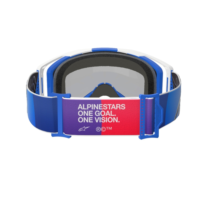 Gogle motocrossowe Alpinestars Vision 8 Corp w kolorze niebiesko-białym z lustrzanymi niebieskimi soczewkami