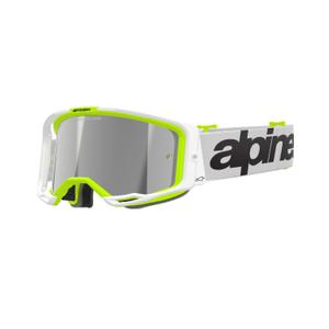 Gogle motocrossowe Alpinestars Vision 8 Wordmark w kolorze biało-fluo-żółtym z lustrzanymi srebrnymi soczewkami
