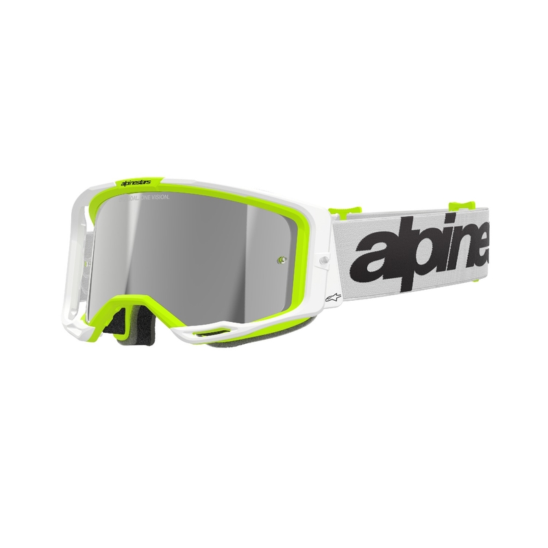 Gogle motocrossowe Alpinestars Vision 8 Wordmark w kolorze biało-fluo-żółtym z lustrzanymi srebrnymi soczewkami