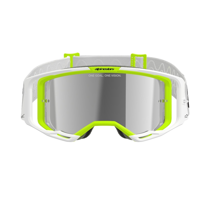 Gogle motocrossowe Alpinestars Vision 8 Wordmark w kolorze biało-fluo-żółtym z lustrzanymi srebrnymi soczewkami