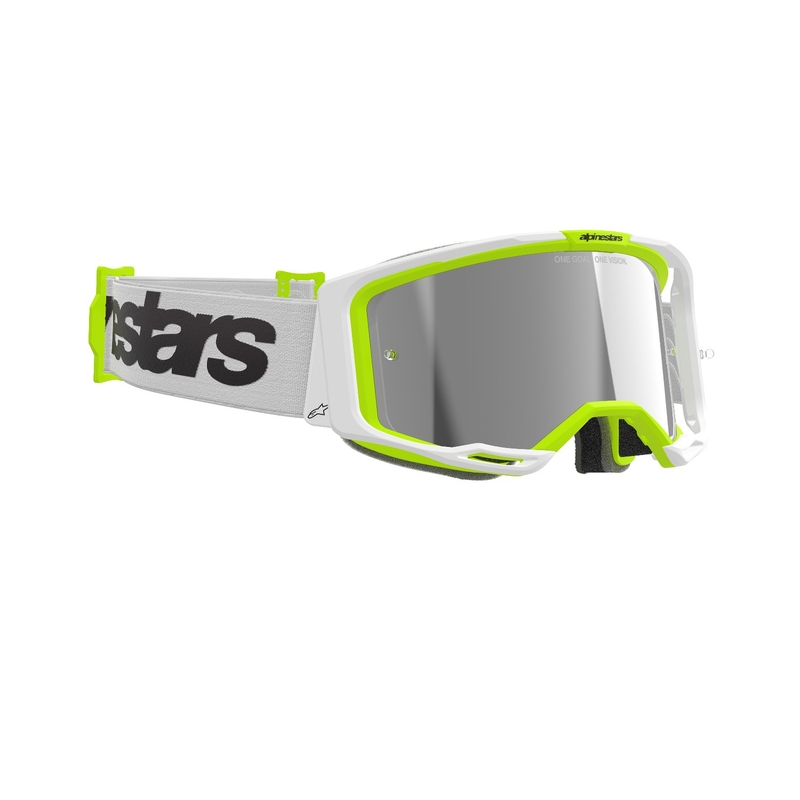 Gogle motocrossowe Alpinestars Vision 8 Wordmark w kolorze biało-fluo-żółtym z lustrzanymi srebrnymi soczewkami