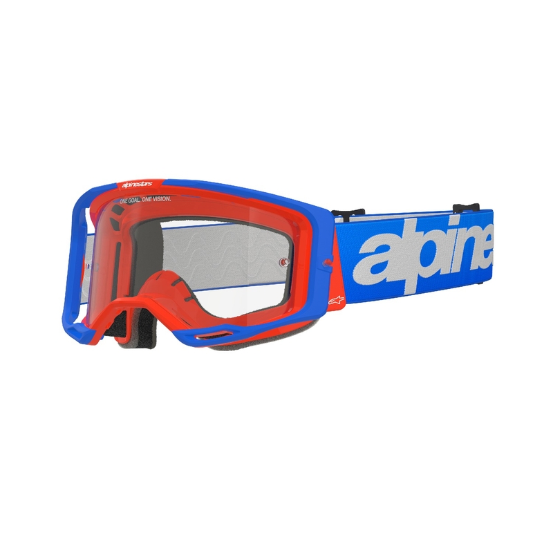 Gogle motocrossowe Alpinestars Vision 8 Wordmark niebiesko-pomarańczowe z przezroczystymi soczewkami