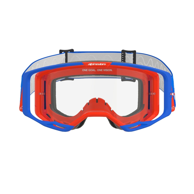Gogle motocrossowe Alpinestars Vision 8 Wordmark niebiesko-pomarańczowe z przezroczystymi soczewkami