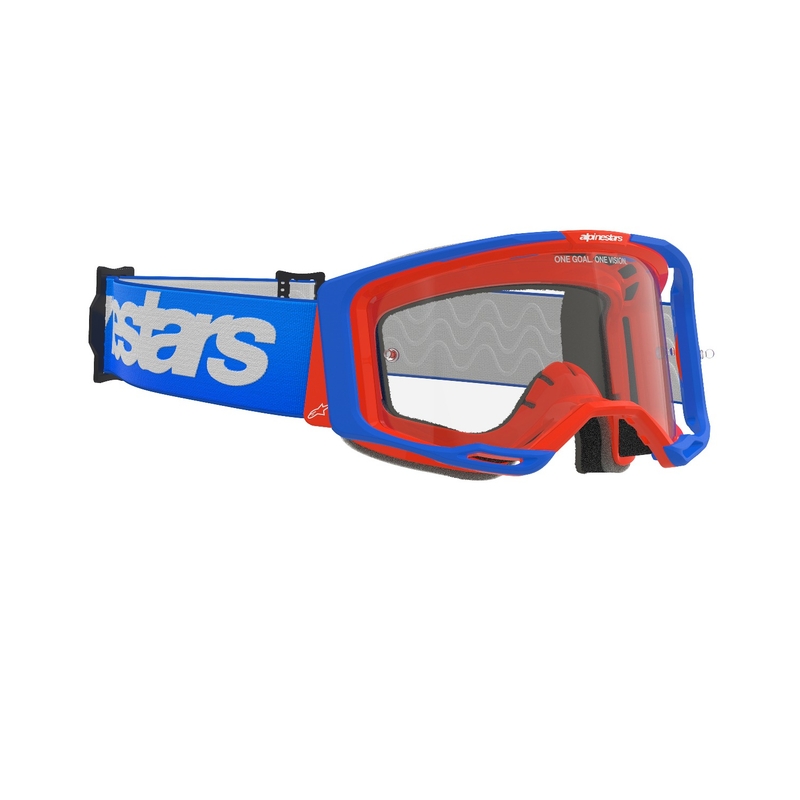 Gogle motocrossowe Alpinestars Vision 8 Wordmark niebiesko-pomarańczowe z przezroczystymi soczewkami