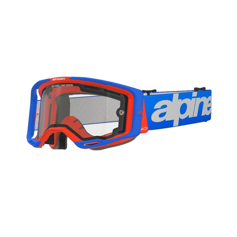Niebiesko-pomarańczowe gogle motocrossowe Alpinestars Vision 8 Wordmark z podwójną, przezroczystą soczewką przeciwmgielną